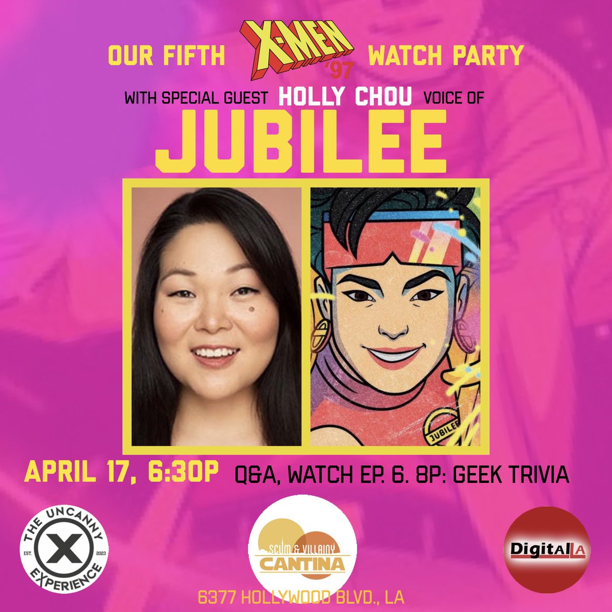 ❌ Join our watch party for the NEW #XMen97 ep “Lifedeath - Part 2” w/ guest @holycowhollych the voice of #Jubilee 4/17 at 6:30pm at Scum & Villainy Cantina in Hollywood! W/ a Q&A 🙋‍♂️Screening 📺 & group photo 📸 Presented by: @TheUncannyEXP & @DigitalLA See U there, mutants! 🎆