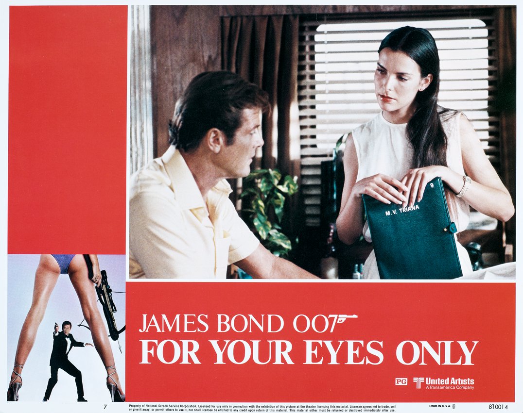 Lobby cards designed by Bill Gold were used for the promotion of FOR YOUR EYES ONLY in cinema foyers (1981).