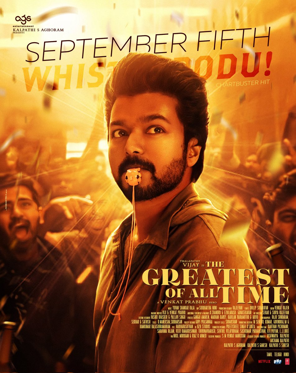 #TheGoatArrivesOnSept5th 🥳🔥 #GOAT kku #Whistlepodu 💥😘 @actorvijay is #TheGreatestOfAllTime A @vp_offl hero & a @thisisysr party 🥳 @archanakalpathi @aishkalpathi @Ags_production @Jagadishbliss #TheGOATFirstSingle #GoatFirstSingle