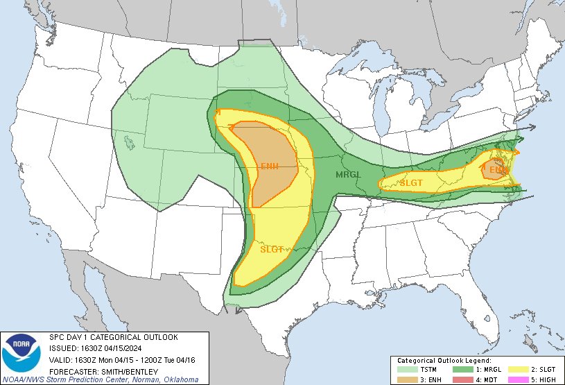 11:32am CDT #SPC Day1 Outlook Enhanced Risk: across parts of the central Great Plains and central and eastern Virginia spc.noaa.gov/products/outlo…