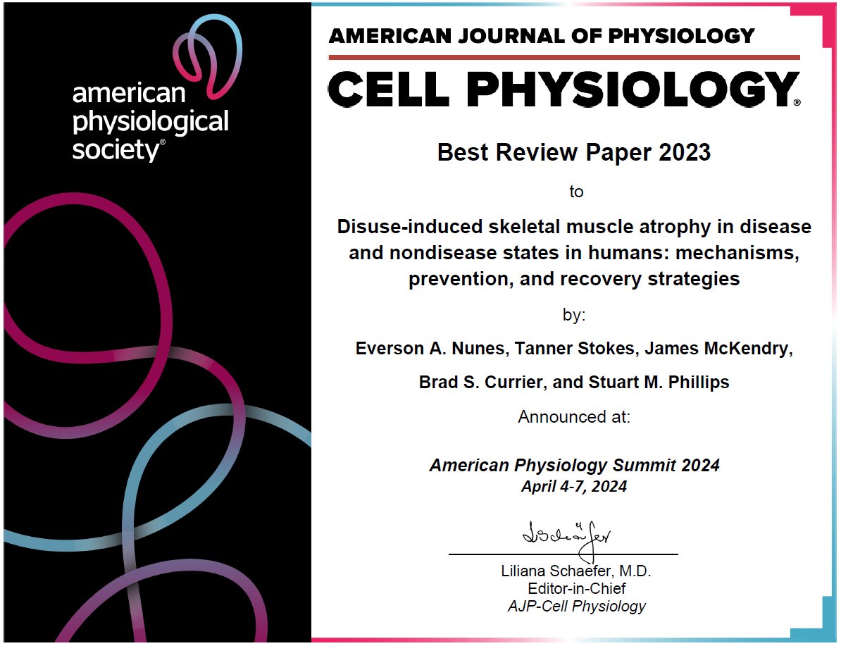 Huge congratulations to Dr. Everson Nunes for winning the prestigious AJP-Cell Physiology Best Review Paper award at #APS2024! Well-deserved recognition! 🎉🏆 @McMasterU @nunesea @tjstokes5 @james_mckendry @brad_currier @mackinprof