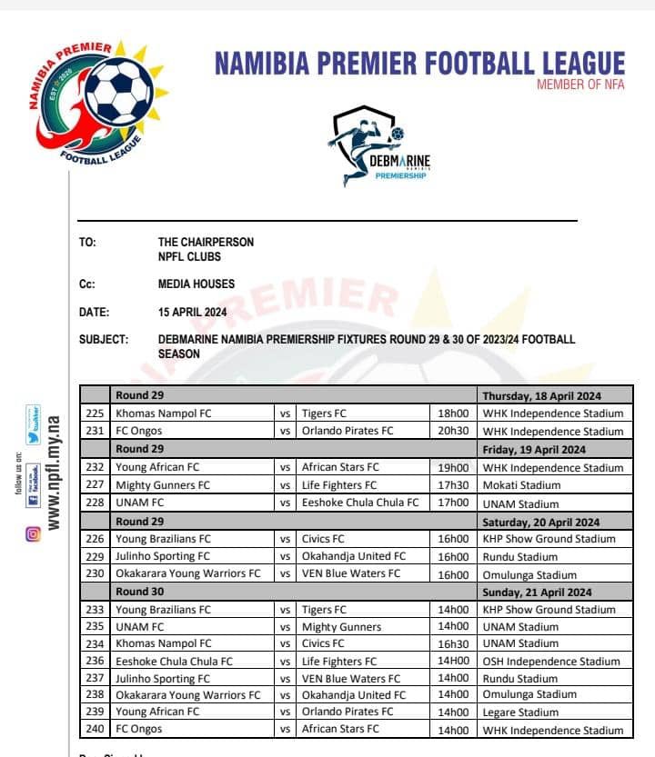 𝐖𝐄𝐄𝐊𝐄𝐍𝐃 𝐅𝐈𝐗𝐓𝐔𝐑𝐄𝐒!🔥🥵

▪️Champion & Relegation might be decided this coming weekend.

#footynamibia