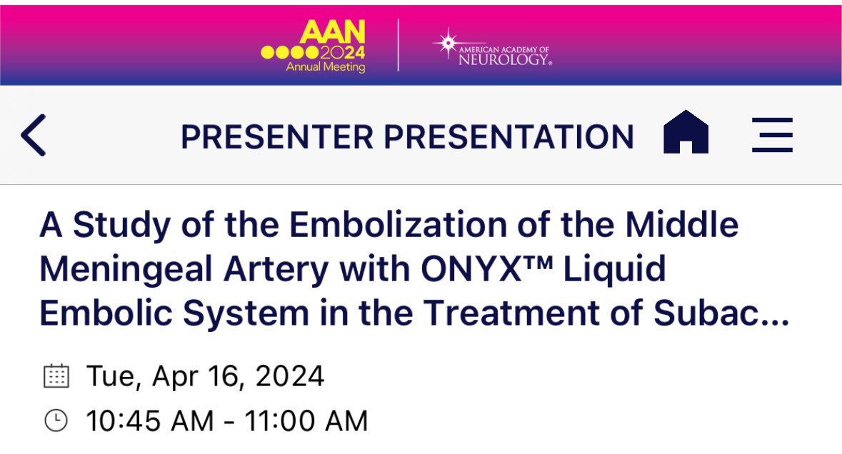 Join us live or online tomorrow #AANAM on the big stage during the Clinical Trials Plenary session for presentation of the EMBOLISE trial of middle meningeal artery embo for subdurals. @_AdnanSiddiqui #JaredKnopman