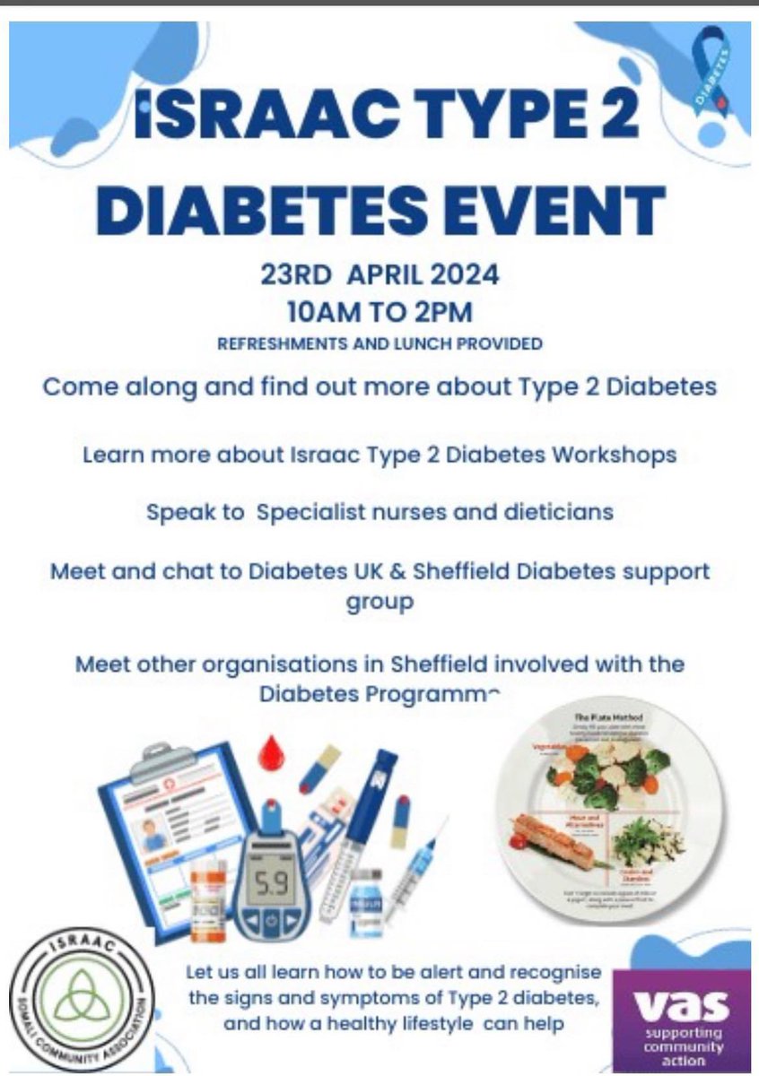 Save the date! Join us at the ISRAAC Type 2 Diabetes event on April 23, 2024, from 10 AM to 2 PM. We'll provide refreshments and lunch. See you there! #ISRAAC #Type2Diabetes #HealthEvent 🍎🥗 @vasnews @infiniteskillsC @Sheffield_DUK @SHSCFT @SharrowCF @Sheffieldis