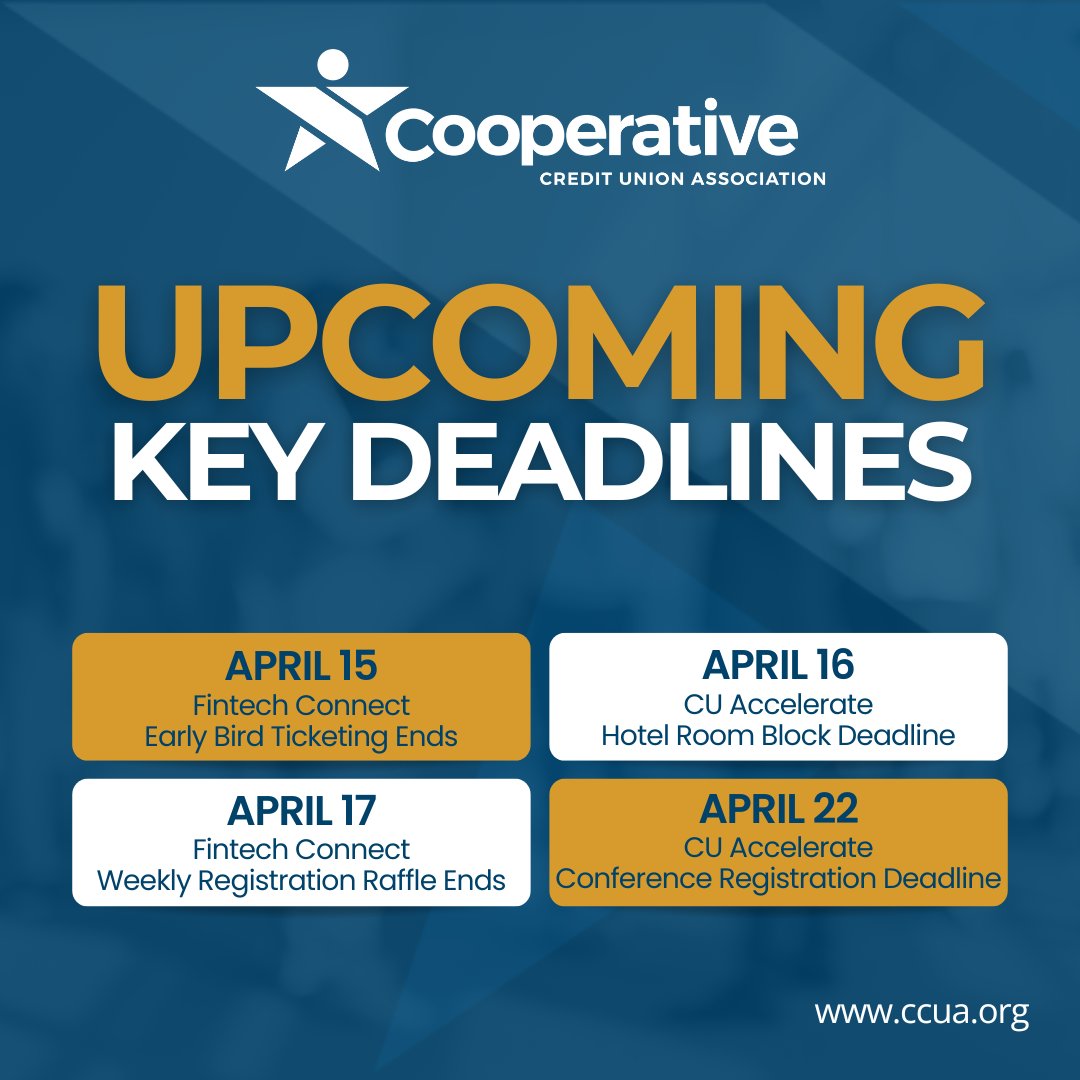 CooperativeCUA's tweet photo. Don't miss out on these crucial #deadlines for #CCUA members and partners that start today! 🚀 Stay ahead of the game and make the most of these events!

#coopdifference #conferencedeadlines #memberevents #discountsavings #raffle #membershipmatters https://t.co/8oXrn4P7PY