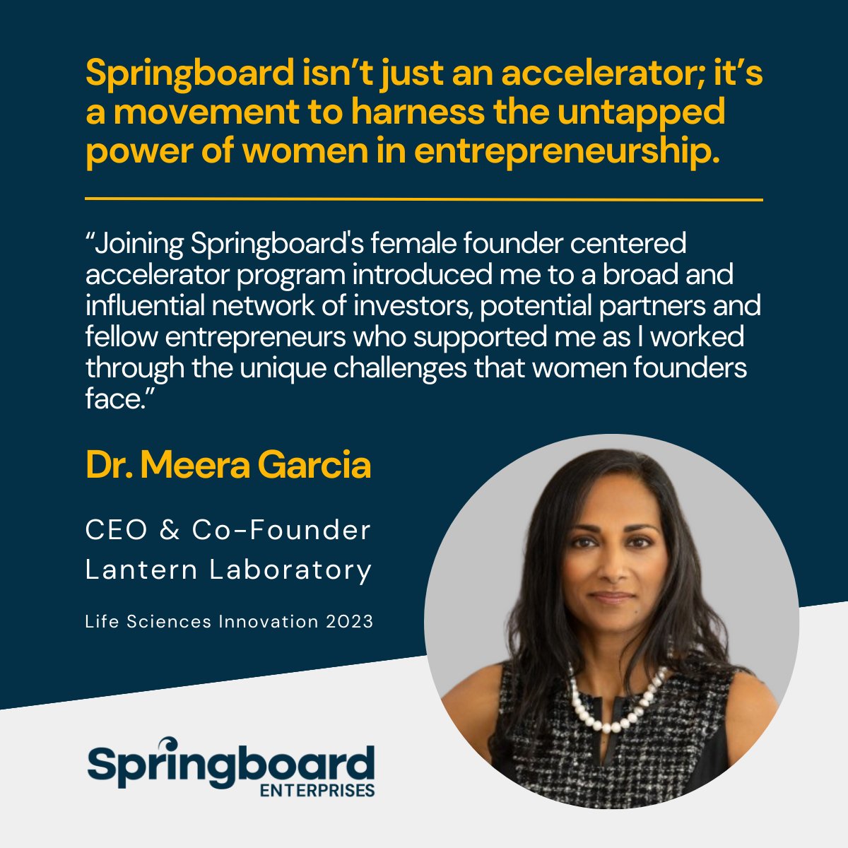 Springboard’s Giving Day on May 14th is an opportunity to celebrate the exceptional members of our community, including Dr. Meera Garcia, CEO and Co-Founder of Lantern Laboratory Inc.! secure.everyaction.com/Kj6pHAHoMkWTNJ…