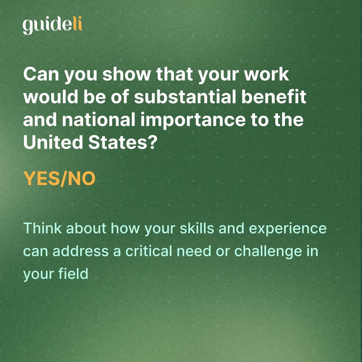 myguideli's tweet photo. This quiz is just a starting point. The EB-2 NIW visa process can be complex. 

Consulting with Guideli is highly recommended to determine your full eligibility and guide you through the application process. https://t.co/0hcPPfeEN0