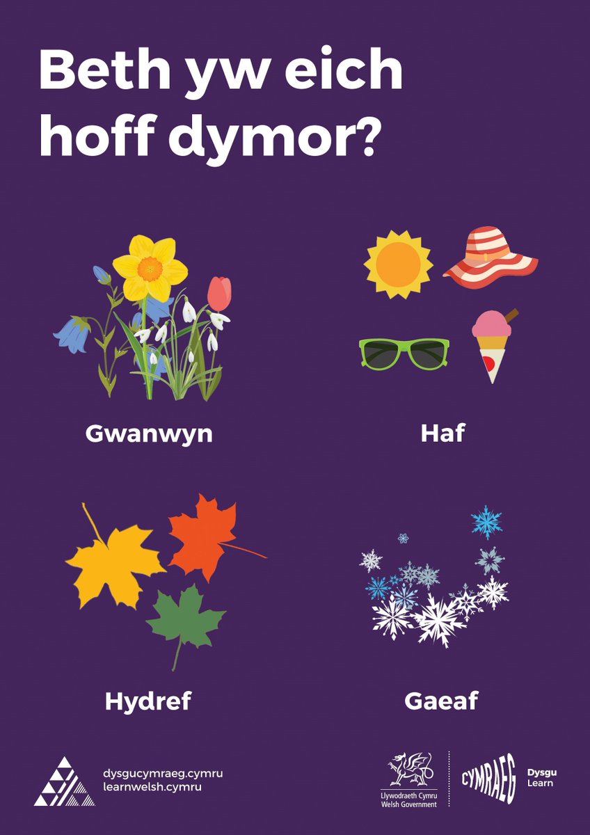 Cwestiwn yr wythnos / Question of the week:

Beth yw eich hoff dymor? Gwanwyn, Haf, Hydref neu’r Gaeaf…

🌸 ☀️ 🍂 ❄️ 

Rhowch wybod i ni / Let us know!

#dysgucymraeg #ymarfer #learnwelsh #aydysgwyr