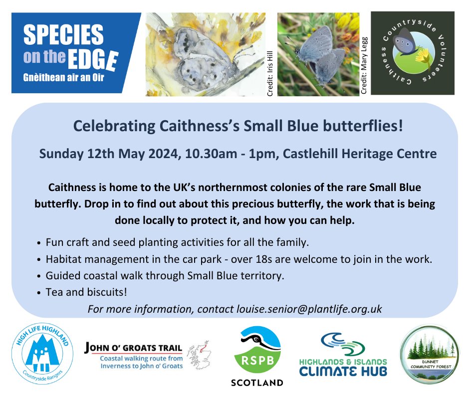 Join us to Celebrate Caithness' Small Blue Butterflies. 📆 Sunday 12 May 🕥 10:30 - 13:00 📍 Castlehill Heritage Centre Craft, 🌱 seed planting, guided coastal walk, 🍵 and 🍪 .