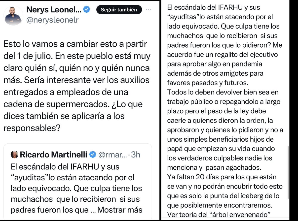 Intercambio de Twits entre Nerys Leonel Rivas y Ricardo Martinelli, quien libremente desde su embajada en La Alameda hace política diariamente.