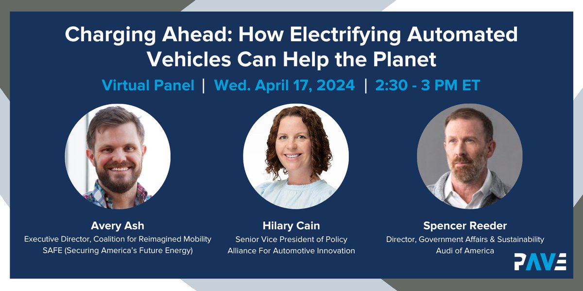 This Wednesday: join us for a virtual panel to explore how electrification can help AVs create a more sustainable transportation system. Hear from experts at @Securing_Energy, @autosinnovate, and @Audi. Register here: pavecampaign.org/event/pave-vir…
