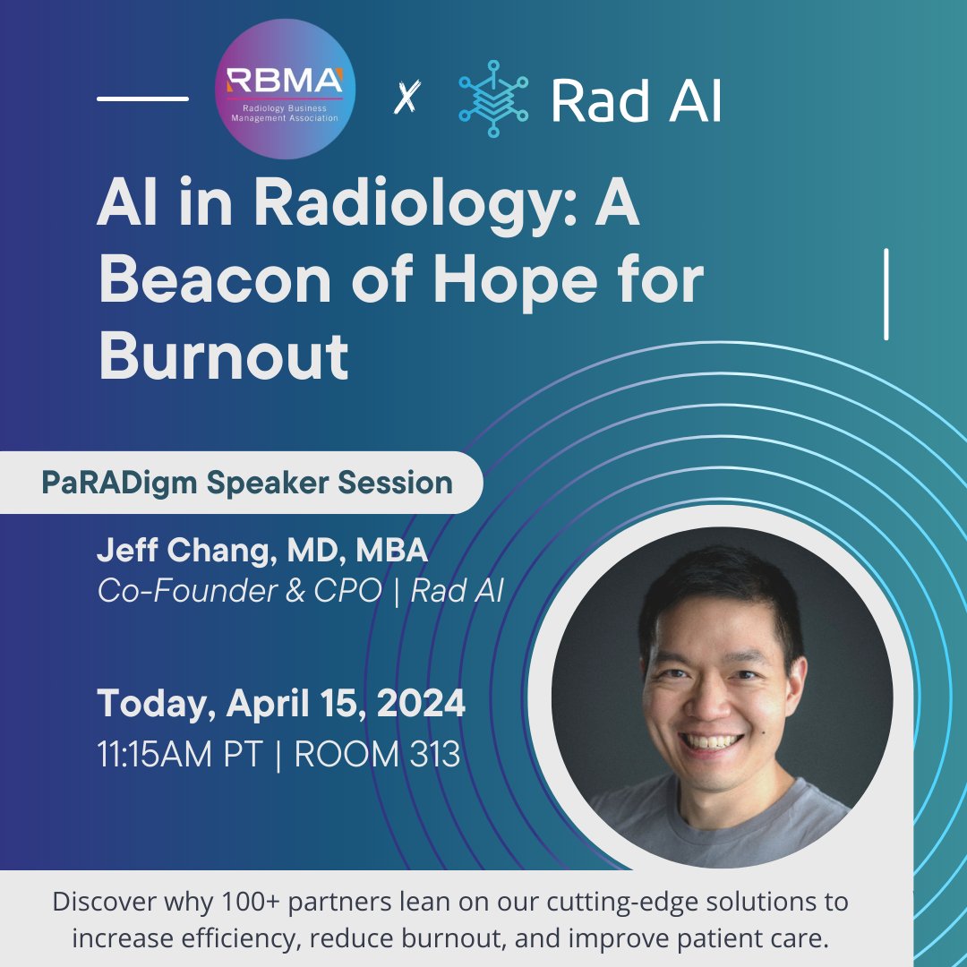 Join @radai @ #RBMAPaRADigm today for an insightful session around tackling burnout in radiology w/ Jeff Chang, CPO & co-founder! Visit booth #117 afterwards to see how we help tackle this problem head-on. 🗓️ April 15, 2024 ⏰ 11:15 AM PT 📍 Room 313 #PaRADigm2024 #PaRADigm24