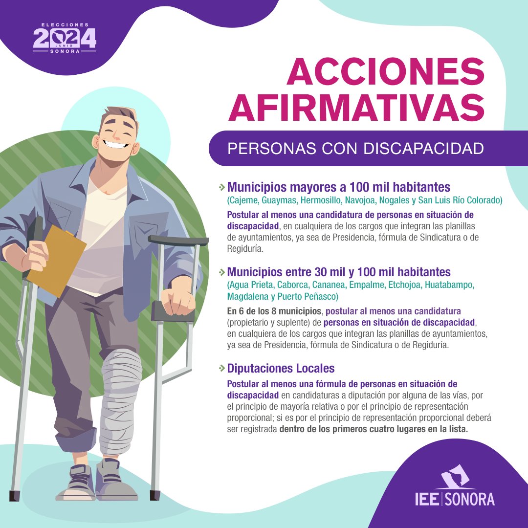 El 21 de febrero el #IEESonora aprobó acciones afirmativas en favor de las personas en situación de discapacidad para las elecciones de diputaciones locales y ayuntamientos. 🦽👩‍🦽

Aquí te explicamos en qué consisten. 🔎