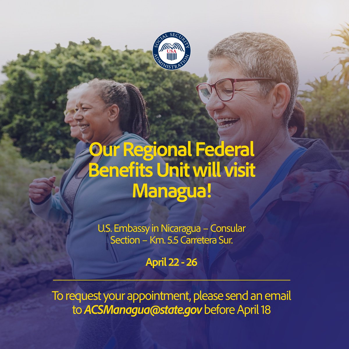 The U.S. Embassy in Nicaragua is pleased to announce that representatives from the Regional Federal Benefits Unit located in the U.S. Embassy in Costa Rica will visit Nicaragua. 👉 When: April 22 - 25 from 7:30 a.m. to 4:00 p.m. and April 26 from 7:30 a.m. to 12:00 p.m 👉An…