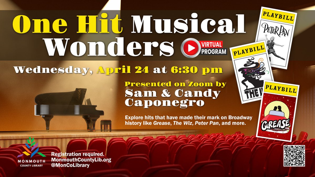 Join us virtually on Wednesday, April 24 at 6:30 pm to explore some musical numbers from Grease, The Wiz, Peter Pan, and more.

#monmouthcountylibrary #moncolibrary #onehitwonder #virtuallearning #musicals #musicalprogram #grease #peterpan #TheWiz #theater #productions