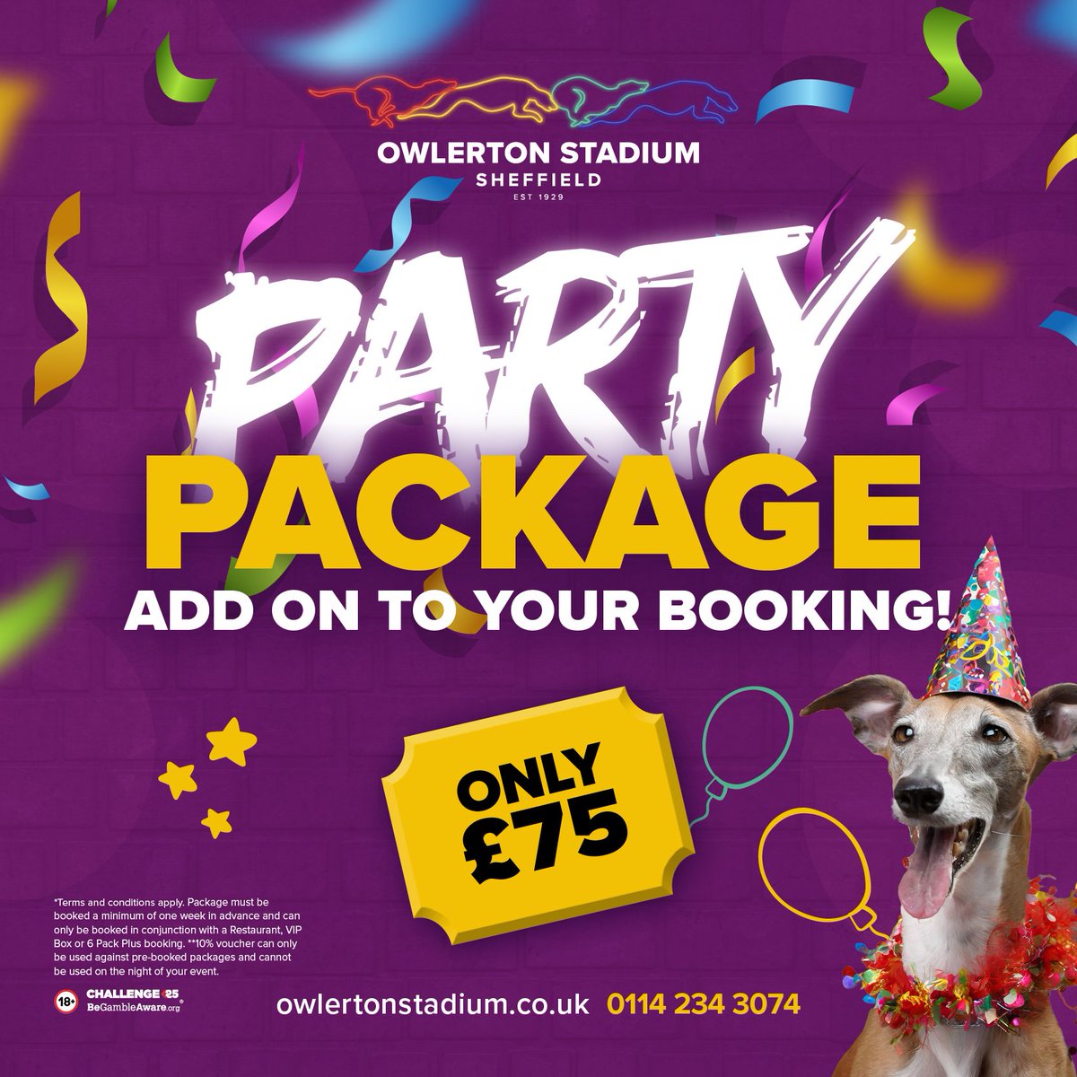 Elevate your celebration at #Owlerton by adding on a #PartyPackage 🥂 

#LiveRacing #DrinksPackage #SponsoredRace #Sheffield #GreyhoundRacing