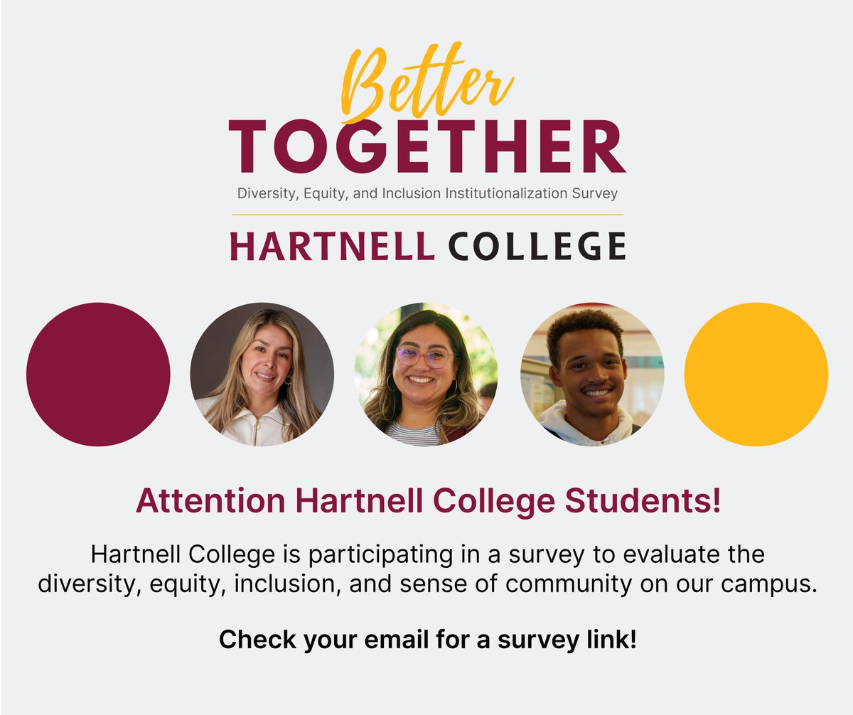 🌟 Hartnell College calls for your voice! Join the 'Better Together' survey via your email link. Help us enhance campus inclusivity and diversity. Your input is crucial. Act now! 🌈 #HartnellUnity #YourVoiceCounts