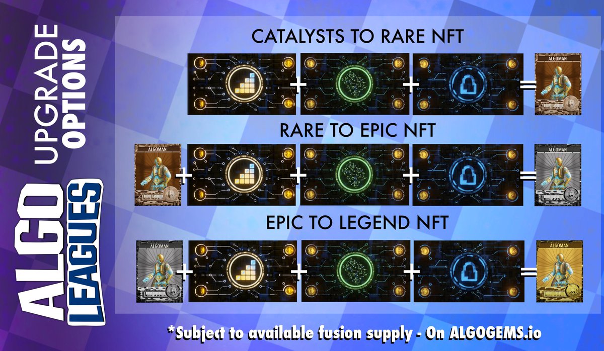 AlgoLeagues's tweet image. @AlgoLeagues Set 6 character fusions are now available on @AlgogemsNFT. Use your catalysts to upgrade your characters! algogems.io/shops/algoLeag…
#AlgorandNFTs #Algorand #ALGO
#Algofam #AlgoLeagues #NFTCommmunity #AlgoNFT #NFTs #VoiLeagues #VoiGames