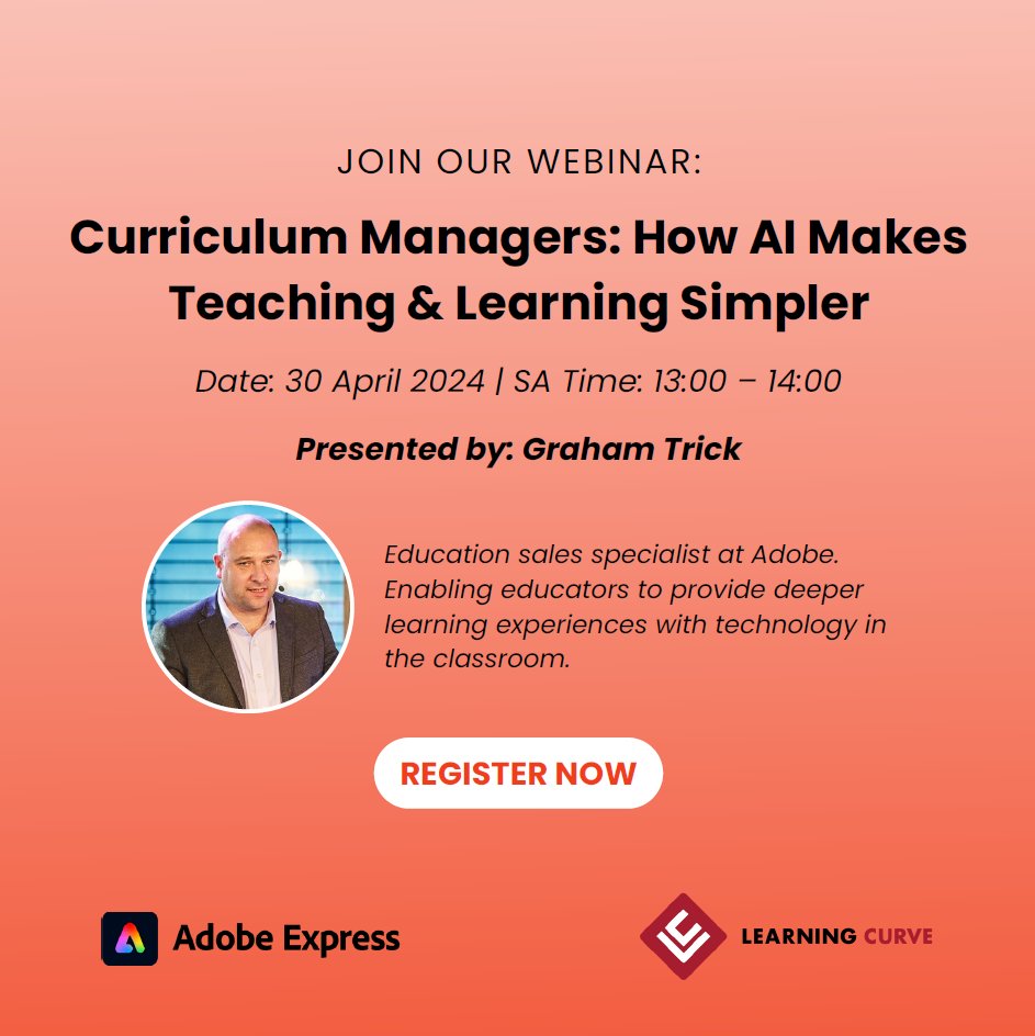 Great Opportunity for Curriculum Managers! Join this upcoming webinar on April 30th, titled 'How #AI Makes Teaching & Learning Simpler,' presented by Graham Trick. 📅 SA Time: 13:00 - 14:00. Take on this chance to explore how artificial intelligence is revolutionizing education.…