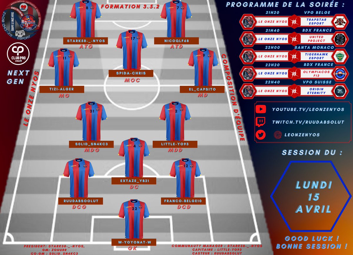 PhoenixNyos's tweet photo. Voici les 11 ducks aligné qui affrontent les équipes du programme du soir :

Trapstar e-sport en @belgique_vpg 
@OriginEternitY en @SwissVPG 
@cheickc38552968 en @BDX_CHAMPIONS 
@TigerhawkEsport en @MonacoLiga 
olympiacos f13 en @BDX_CHAMPIONS 

Bonne session à tous et FORZA NYOS https://t.co/zj8OO3N2Sq