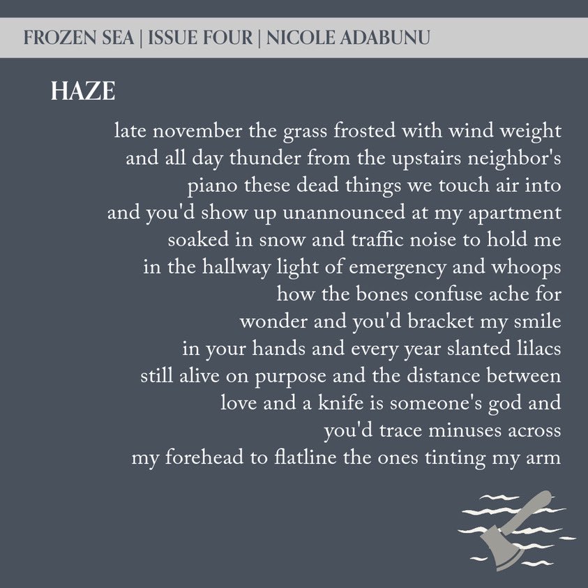 NotNowNicole's tweet photo. very happy to have my poem "haze" published in Issue Four of @frozenseapoetry today 🌫️🌊 

https://t.co/bQFYIC3eRg https://t.co/mhuMSqqkoB