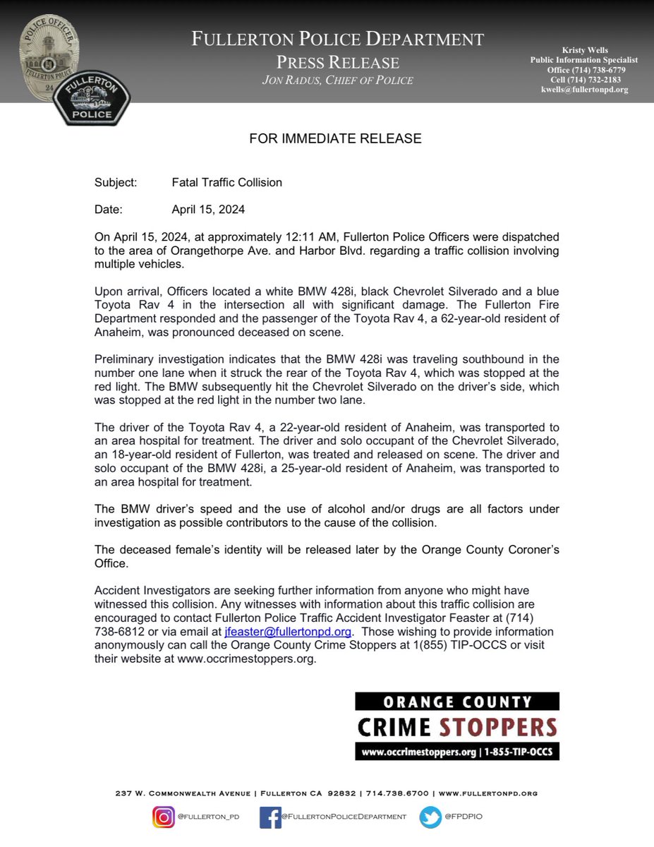 Press Release- Fatal Traffic Collision