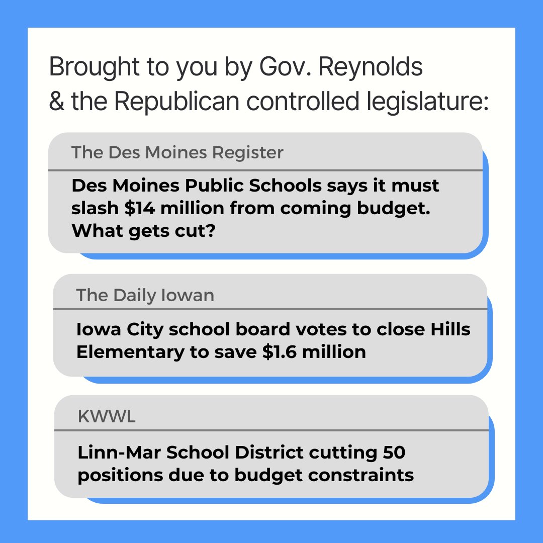 IndivisibleIowa's tweet photo. Iowans deserve fully funded public schools! But, school districts have to keep making cuts because of @IAGovernor &amp; the @IowaGOP. That’s why we must hold them accountable! #Iowa https://t.co/Rjh7zLQmao