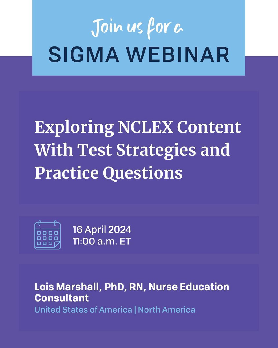 Sill time to register. Graduating senior ready to prep for boards don’t miss attending my #NCLEX webinar tomorrow, Tues April 16 at 11am eastern. FREE for @sigmanursing members & non members. Unique strategies I have developed to assist you as well as info on preparation. 1 of 2