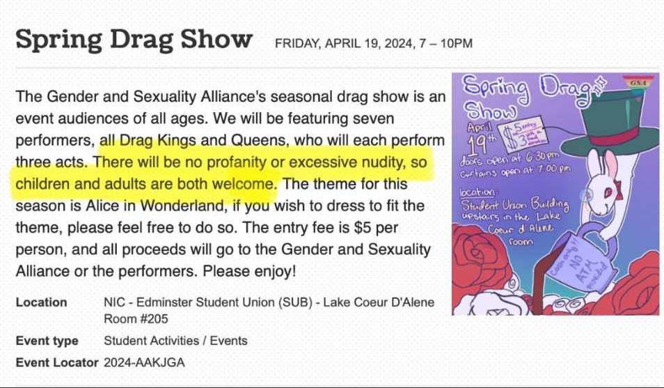 The Drag Show at @NorthIdaho College that was recently cancelled was set to feature Nudity, and was advertised to all-ages.

Sick and depraved! 

The Spring Drag Show is cancelled, but we’re set to have a WHOLE MONTH of this disgusting “Pride” crap in Coeur d’Alene this June.