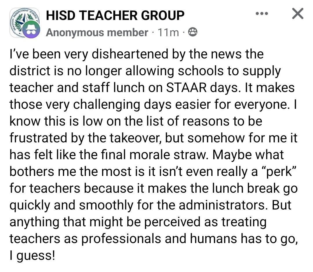 Teachers are stuck in classrooms for the entire day on their feet, monitoring students taking the STAAR Test. Now, the campuses are not allowed to purchase lunch for the teachers. It's the little things that keep teachers Mike Miles continues to repel teachers.