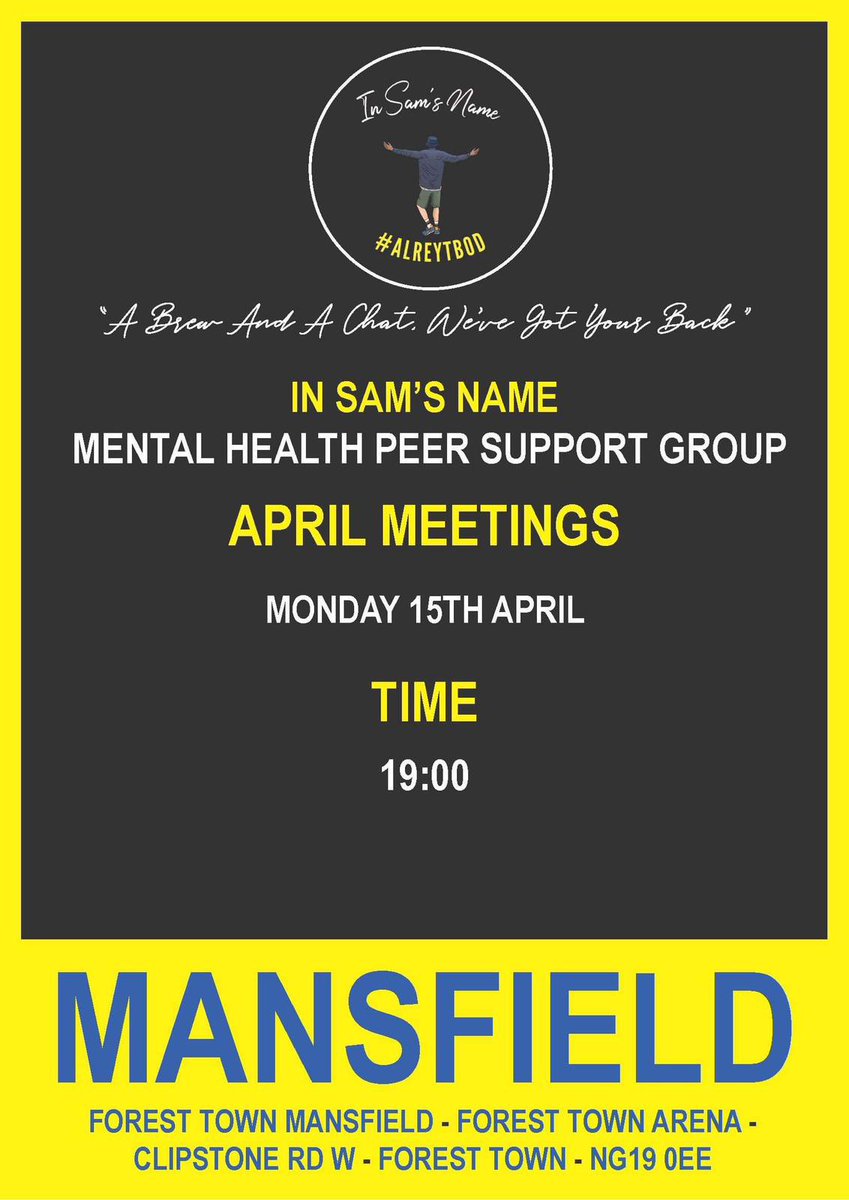 We have our only meeting for our Mansfield group taking place this evening. If your free tonight why not come along and join us. In Sam’s Name is a safe place to go and talk. #mentalhealth #mansfield #mansfieldtownfc #bassetlaw #alreytbod #positivity