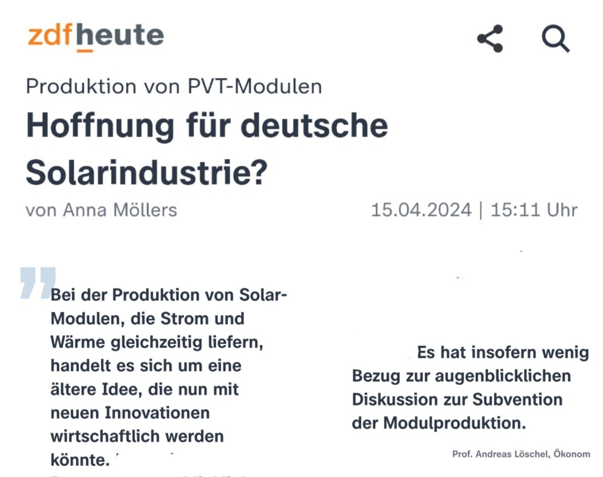 Produktion von #PVT-Modulen: Hoffnung für deutsche #Solarindustrie? Ja, denn hier geht es um Innovation und Systemwissen. Anna Möllers hat für @ZDFheute mit mir dazu gesprochen. zdf.de/nachrichten/wi…