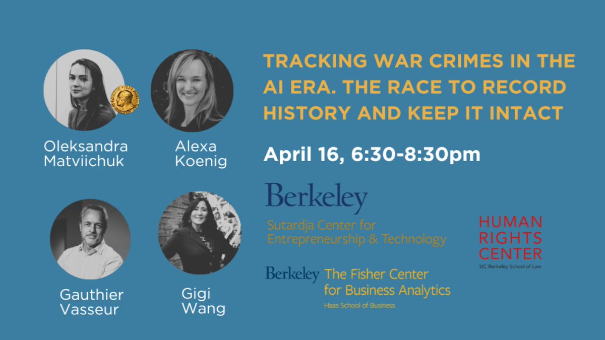 Join @KAlexaKoenig in conversation with Nobel Laureate @avalaina, @GauthierVasseur & Gigi Wang tomorrow as they discuss tracking war crimes in the AI era and the intersection of data, artificial intelligence, and human rights. See more and register below: docs.google.com/forms/d/e/1FAI…