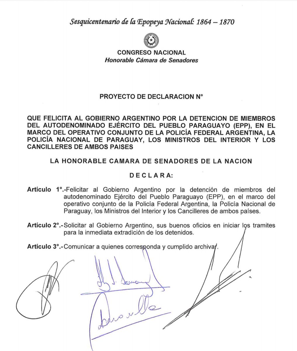 Varios senadores presentaron un proyecto de declaración que felicita a Argentina por la detención de algunos miembros del EPP @Universo970py