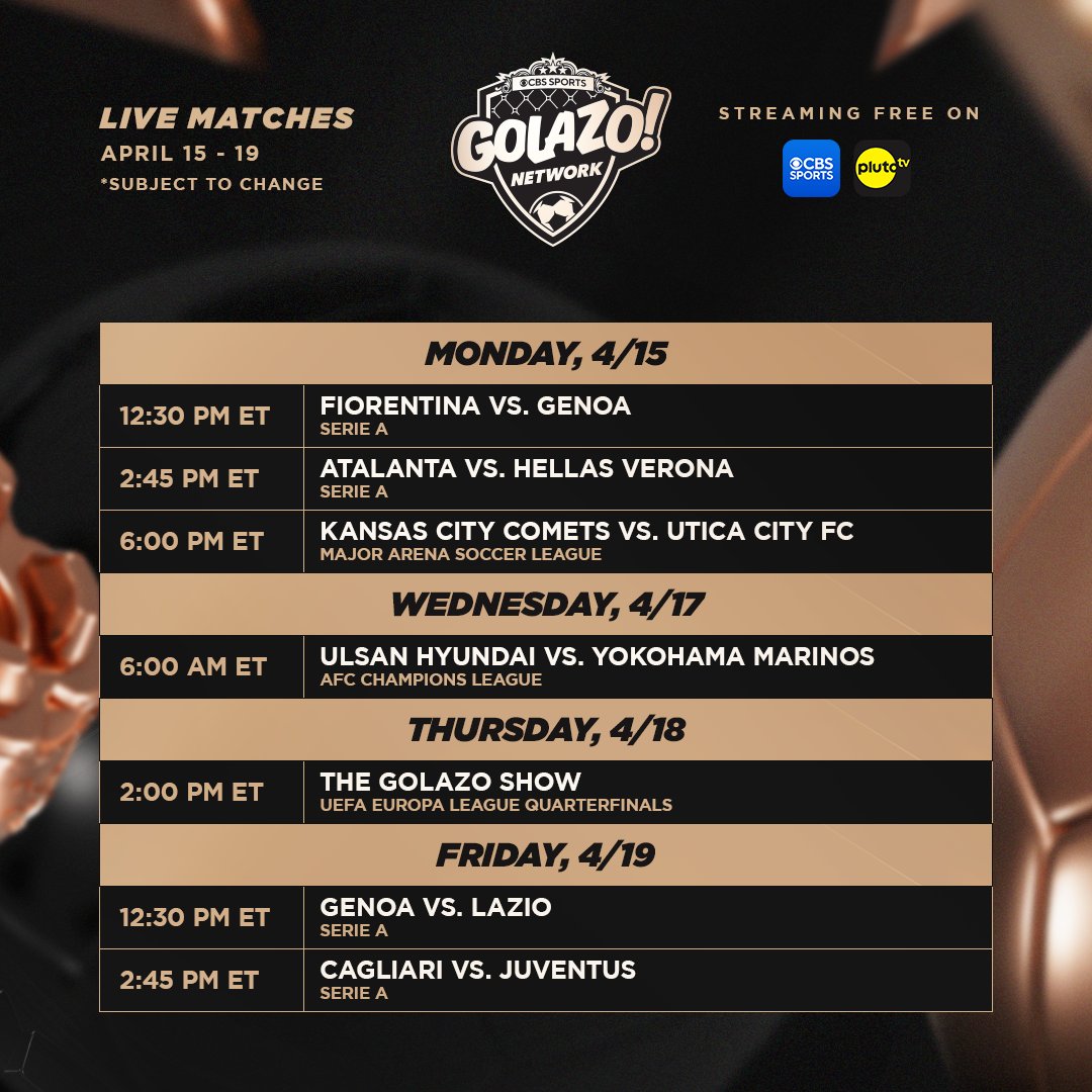 The Golazo Show for UEFA Europa League Quarterfinals highlights free live matches on CBS Sports Golazo Network this week. Watch every match plus Morning Footy, Box 2 Box, @AttackingThird, Scoreline and more on CBS Sports Golazo Network.