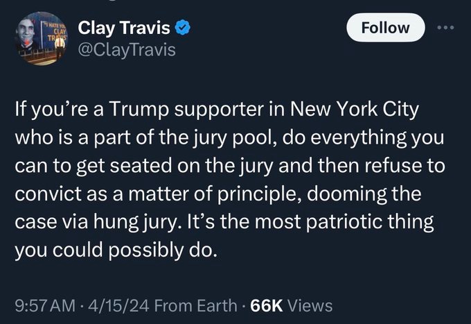 Evidently Clay Travis wrote this obviously illegal statement. He should be arrested for jury tampering. He’s what came out of Trump after eating a nasty bean burrito.