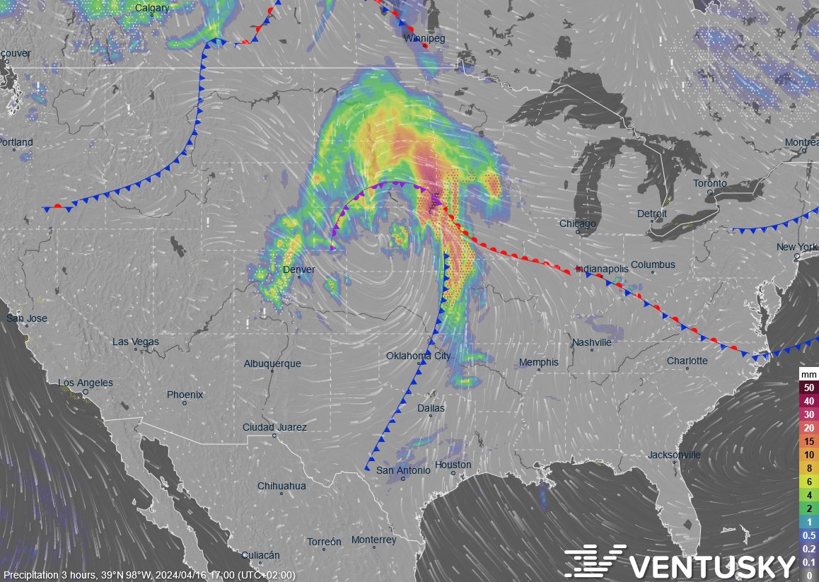 Currently, many areas in the U.S. are reporting above-average temperatures near 30 °C / 86 °F (first image). However, a low pressure system is already occurring here, which will bring strong storms to a number of areas tomorrow (second image): ventusky.com/?p=42.0;-94.2;… 🌩️⛈️