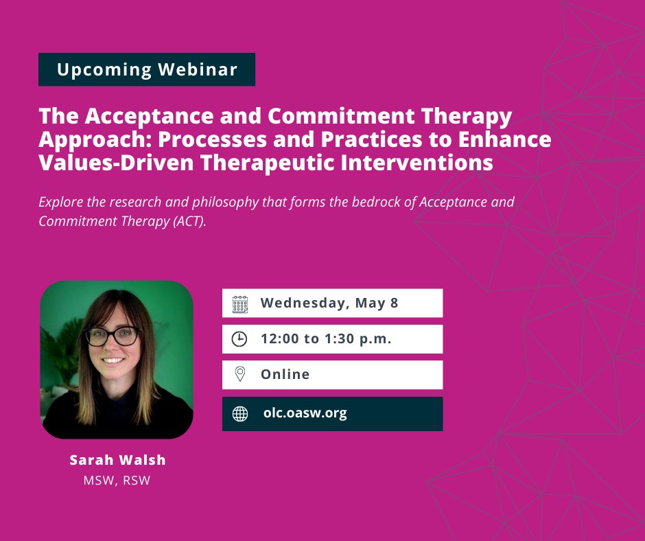 Coming up from the OLC! Join Sarah Walsh, MSW, RSW, to explore the research and philosophy behind the Acceptance and Commitment Therapy (ACT) approach in our FREE webinar happening May 8. Save your spot 👇 oasw.zoom.us/webinar/regist…