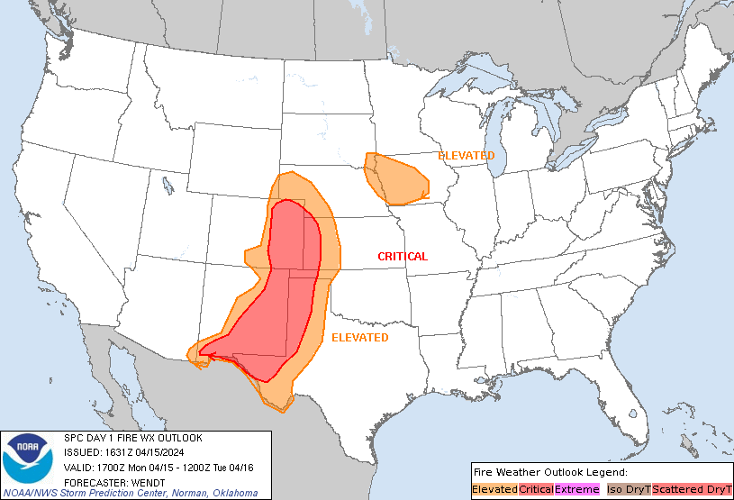 D1
#Critical #Fire Risk in S Plains esp #Tucumcari,#Alamogordo,#LasCruces,#RoswellNM,#Artesia,#Carlsbad,#Clovis,#Hereford,#DumasTX,#Lubbock,#LamarCO,#PuebloCo,#ElPaso,#Amarillo,#Goodland,#GardenCity,#LiberalKS
#Wxtwitter #TXwx #OKwx #NMwx #KSwx #COwx #FireWX #SPC #wxx #NEwx