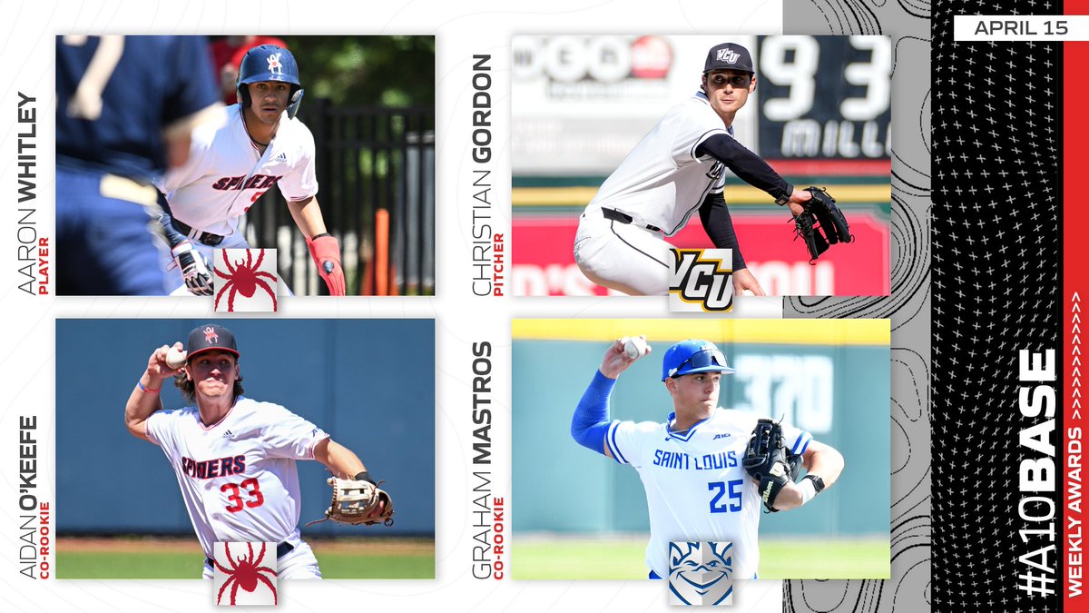 Baseball Weekly Awards - LOCKED IN ⚾️Player: Aaron Whitley @SpiderBaseball ⚾️Pitcher: Christian Gordon @VCUBaseball Co-Rookies: ⚾️Aidan O'Keefe, Richmond ⚾️Graham Mastros, @SLUBaseball 📰atlantic10.com/news/2024/4/15…