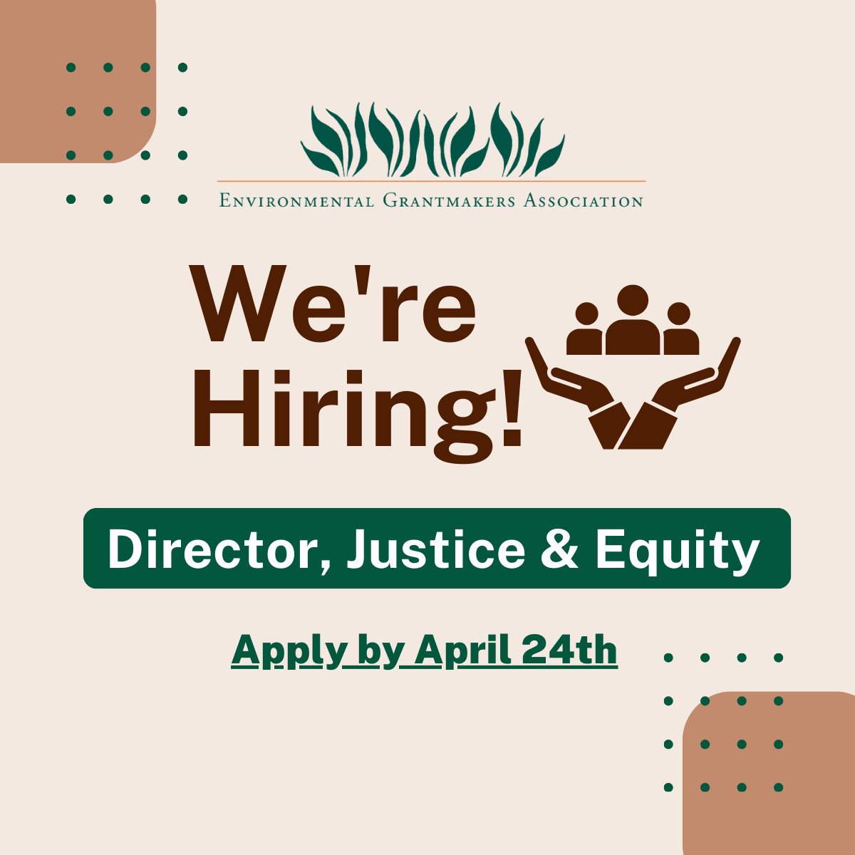 ⏰Nine days left to #apply and join the EGA team as a full-time Justice and Equity Director!    

👉Learn more and apply by Wednesday, April 24th: lnkd.in/eCSdtGNE   

 #EnvironmentalPhilanthropy #DirectorJobs #NonprofitJobs #JusticeandEquity #FullTimePosition #Hiring