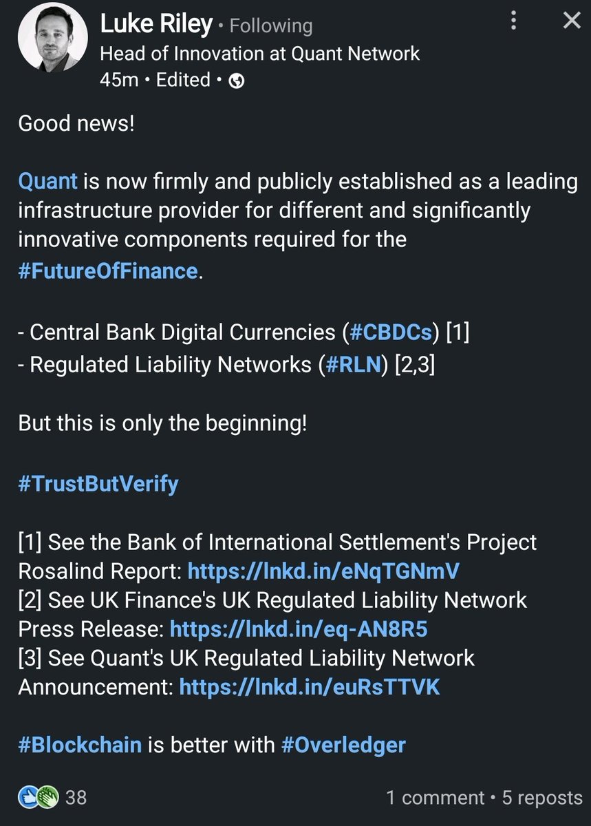 $QNT 'Quant is now firmly and publicly established as a leading infrastructure provider for different and significantly innovative components required for the #FutureofFinance'. 

Let that settle in! 💥