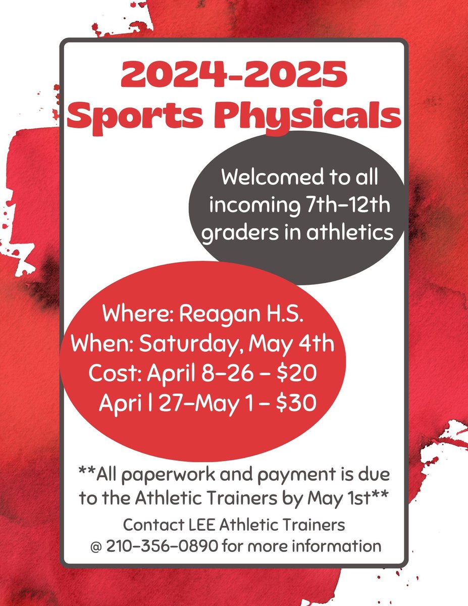 Mark your calendars! May 4th NEISD will be hosting Sports Physicals. For more information, please feel free to contact your Athletic Trainers. @leevolsbooster @LEEVolsFootball @leeneisd @LeeVolsSoftball @SoccerVols @LeeVolsVB @LeeVols_GBB @LeeVolsHoops @LEEVOLSSOCCER