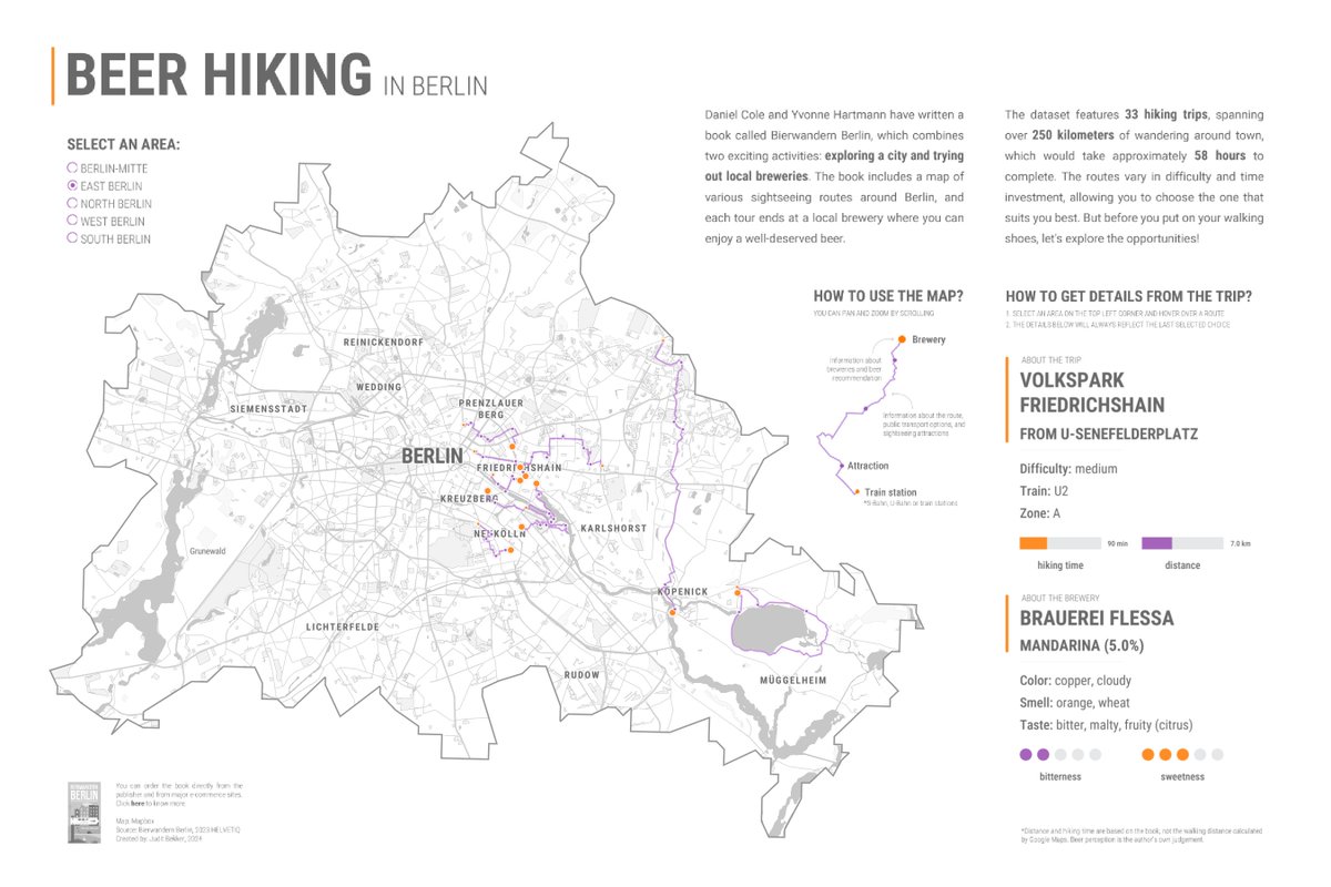 Explore various hiking routes in Berlin, all leading to local breweries in this #VizOfTheDay by @juditbekker. Customize your exploration by selecting different areas. A viz based on the book "Bierwandern Berlin" by Daniel Cole and Yvonne Hartmann. tabsoft.co/3PyNKpO