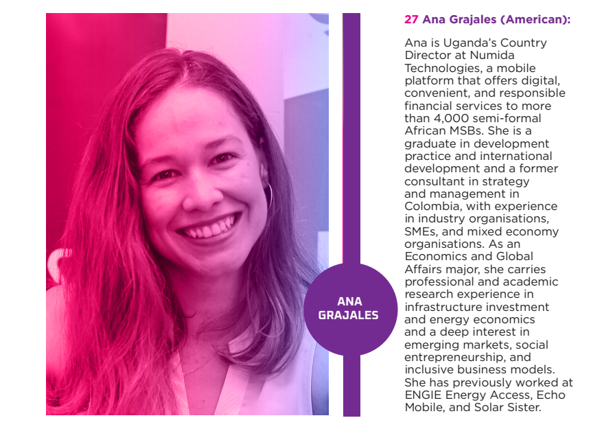 2024 Top 100 #WomenInFinTech 👇👇 27. Ana Grajales (American): Ana leads @numidatech in Uganda, offering digital financial services to over 4,000 semi-formal African MSBs. With a background in development practice and international development, she has worked with organizations…