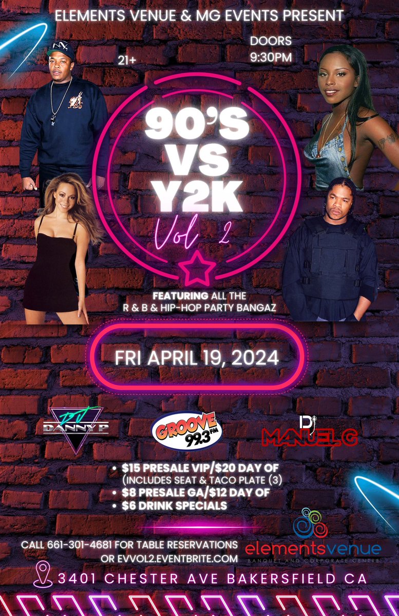 ElementsBanquet's tweet photo. 🚨Weekend at Elements Venue🚨

🕺🏻Friday Night April 19th “90’s vs Y2K Vol 2” w/DJ Danny P & Manuel G, Doors 9pm
https://t.co/A1j54HSCay

🎸Saturday Night April 20th “Rock en Espanol Tributo”, Doors 8pm
https://t.co/6cBVBEzHsK

👠Sunday Morning April 20th “Mimosas Y Mujeres”, w/Dulce Armonia (All Girl Mariachi) & DJ Genesis, Doors 11am
https://t.co/NjY8ykPQ9w

Or Call Me for Group Tickets 661-301-4681