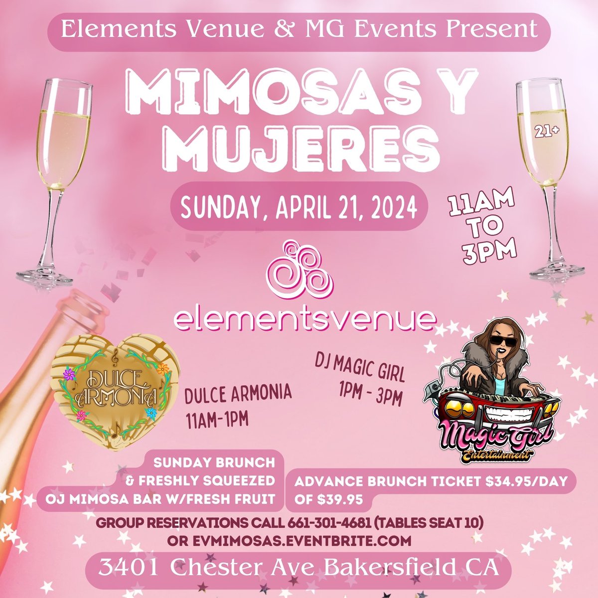 ElementsBanquet's tweet photo. 🚨Weekend at Elements Venue🚨

🕺🏻Friday Night April 19th “90’s vs Y2K Vol 2” w/DJ Danny P & Manuel G, Doors 9pm
https://t.co/A1j54HSCay

🎸Saturday Night April 20th “Rock en Espanol Tributo”, Doors 8pm
https://t.co/6cBVBEzHsK

👠Sunday Morning April 20th “Mimosas Y Mujeres”, w/Dulce Armonia (All Girl Mariachi) & DJ Genesis, Doors 11am
https://t.co/NjY8ykPQ9w

Or Call Me for Group Tickets 661-301-4681