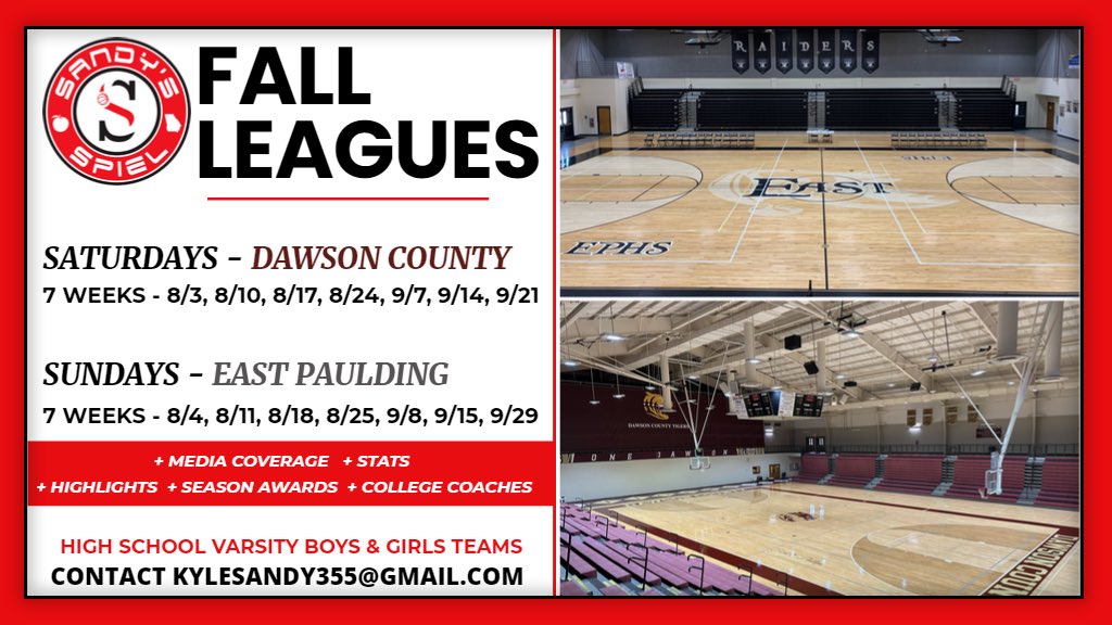 The #SandysSpielFallLeague will be returning this August to @DawsonTigersWBB on Saturdays & @BballEp on Sundays 44 teams participated last year 32 (B/G) at East Paulding 12 (G) at Dawson County If interested in attending be sure to reach out. More details in upcoming months.