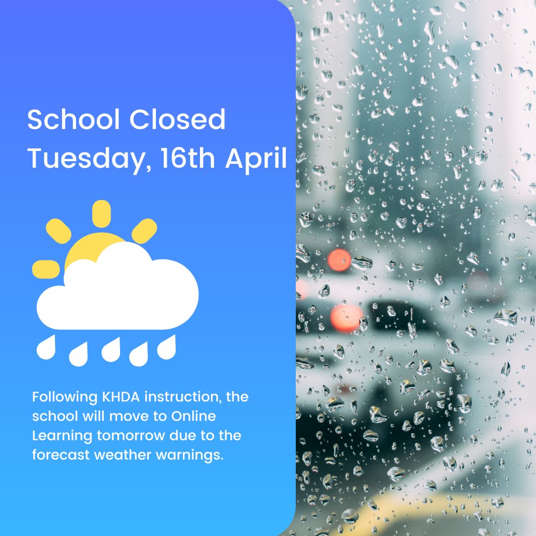 School Closure Notice: 
Due to the forecast weather warnings and in adherence to KHDA guidelines, the school will be closed tomorrow, Tuesday, 16th April. We will move to online learning. For details, please check the Schoolbox.

#ThrivingTogether #ProudlyTaaleem