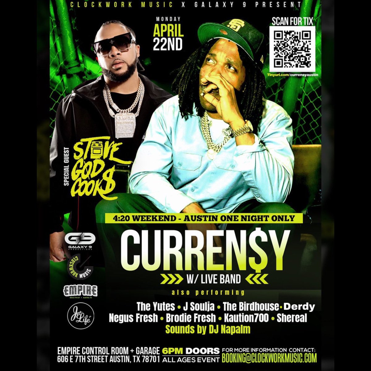 🚨🚨 SHOW ANNOUNCEMENT 🚨🚨 4/20 gona last a few extra days this year 💨💨💨 MONDAY 4/22 I’ll be in Austin @EmpireATX as part of the line up for the @CurrenSy_Spitta show. Shout out to the good ppl @clockworkmusic and @galaxy9_dfw for the opportunity!